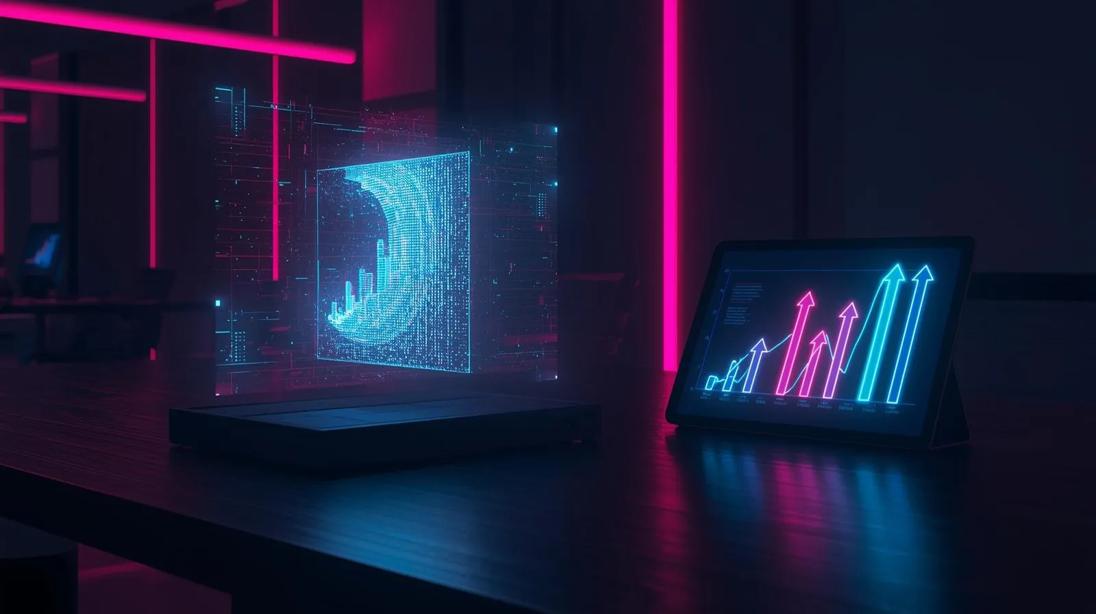 _A futuristic, high-end digital agency workspace at night, showing a fusion of creativity and technology. On a sleek dark wooden desk, there is a holographic display floating in the air showing a 3D m